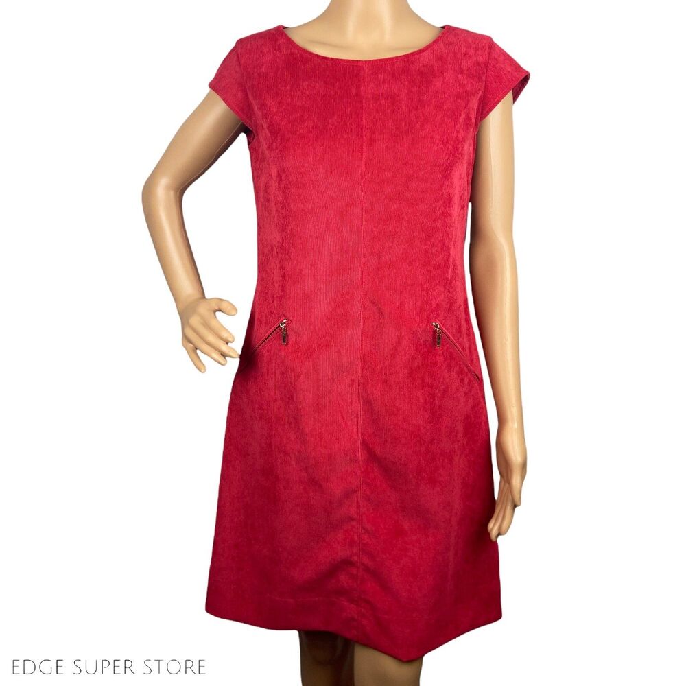 Sharagano Bright Red Zip Pocket Stretch Short Sleeve Corduroy Dress Size 4
